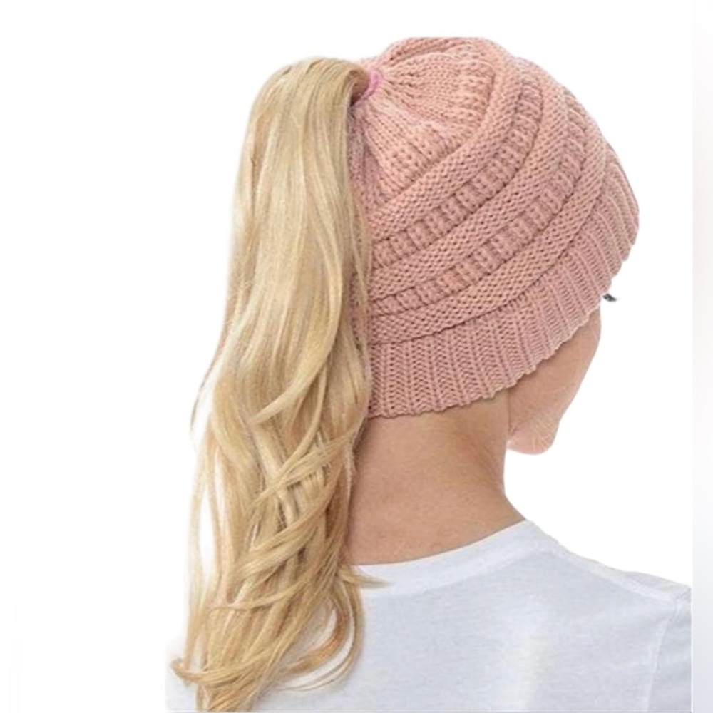 Charm Arts Company Ltd Light Pink Knitted Ponytail Beanie Hat Size O/S